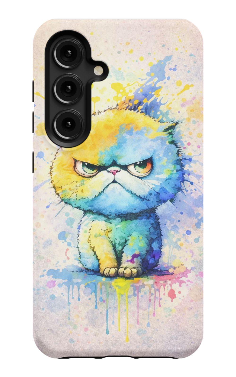 Grumpy cat in vibrant paint splash