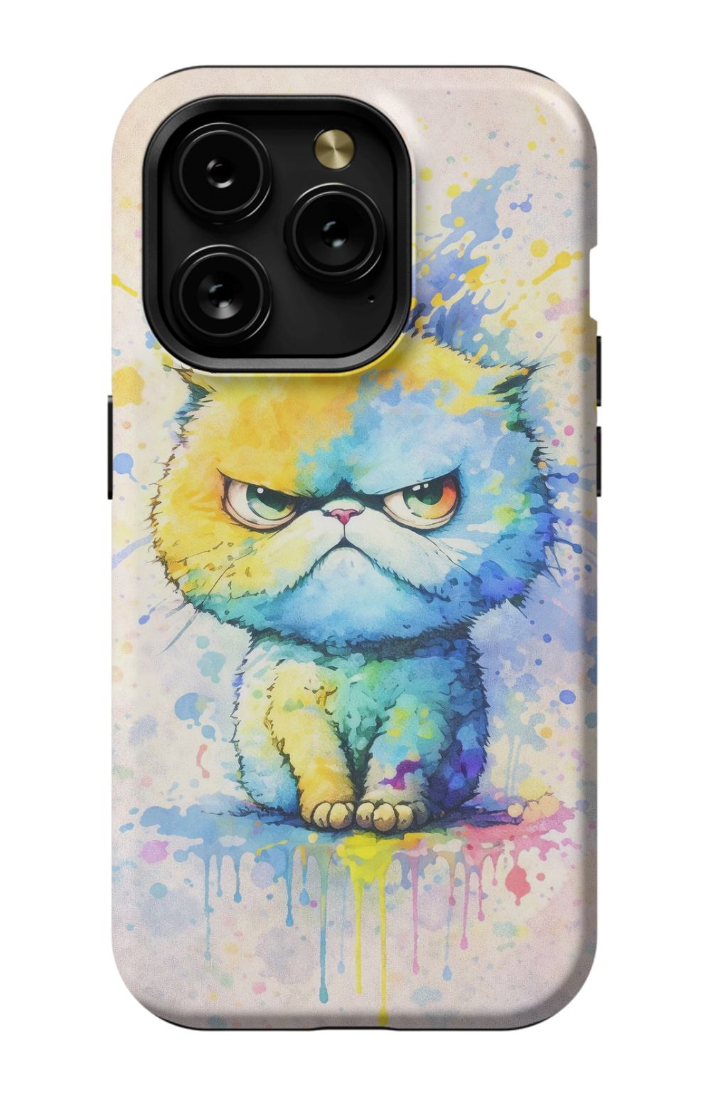 Grumpy cat in vibrant paint splash