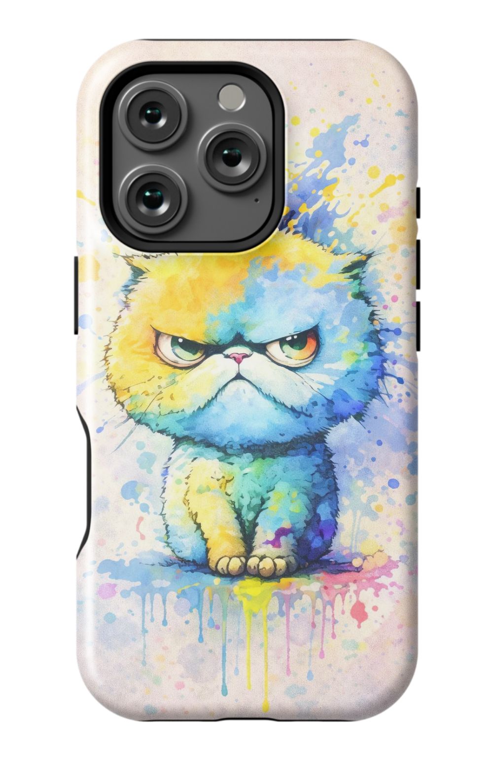Grumpy cat in vibrant paint splash
