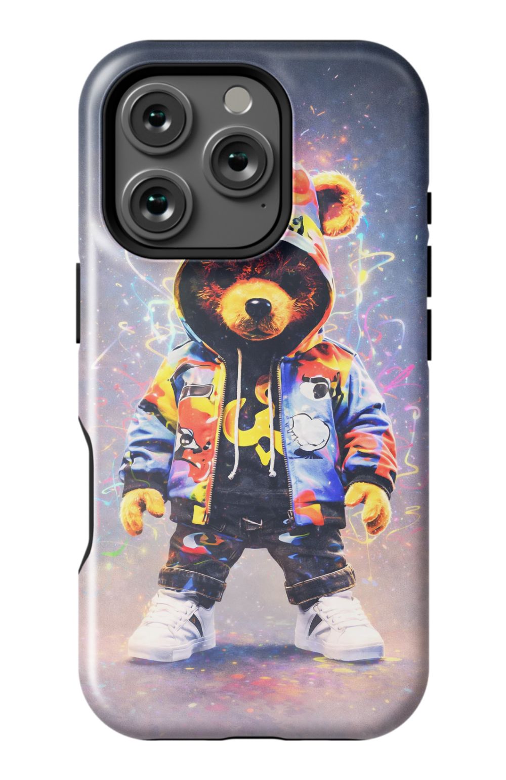 Teddy bear in vibrant streetwear