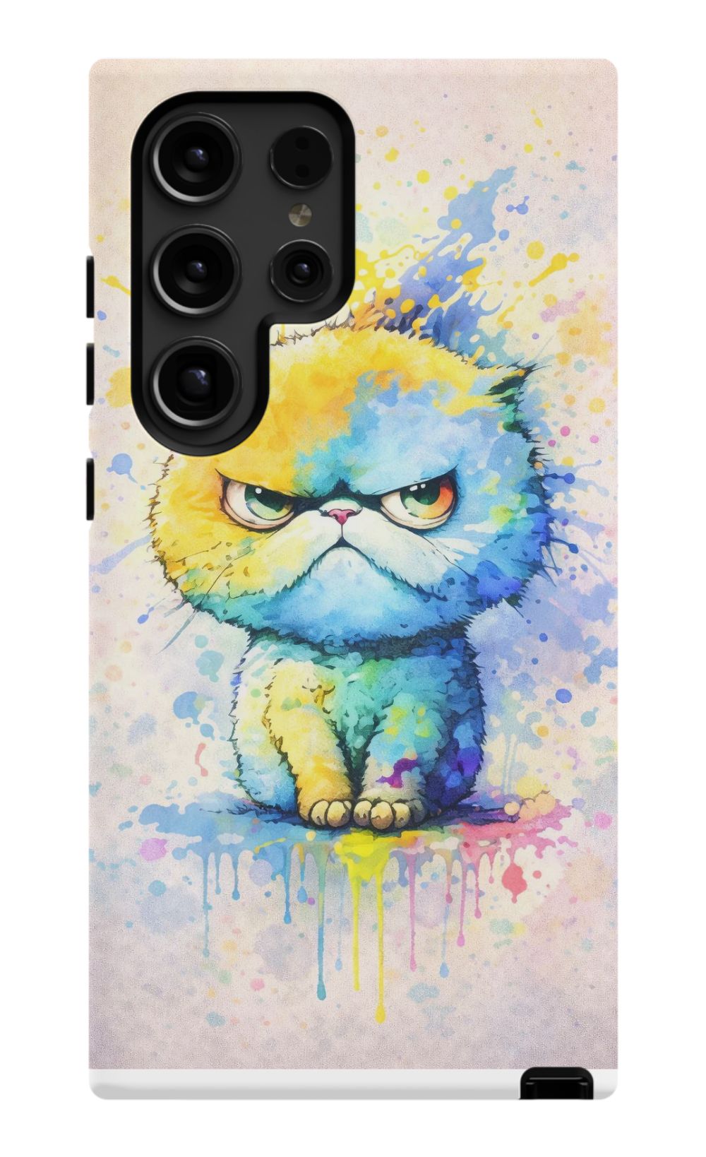 Grumpy cat in vibrant paint splash